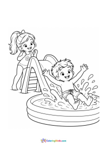 Child sliding into a kiddie pool summer coloring page
