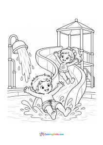 Kids having fun at water park summer coloring page