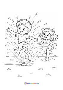 Kids running through a sprinkler summer coloring page
