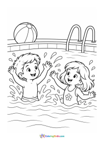 Kids splashing in a swimming pool summer coloring page