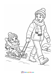 Dad pulling daughter on a sled winter coloring page
