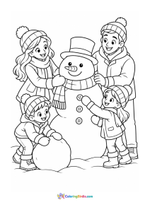 Family building a snowman winter coloring page