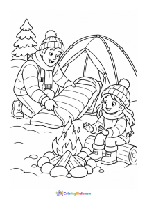 Father and daughter winter camping coloring page