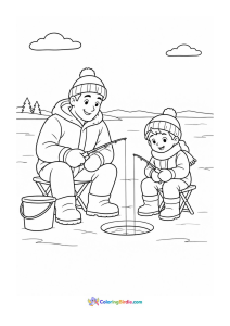 Father and son ice fishing winter coloring page