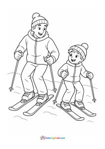Father and son skiing together winter coloring page