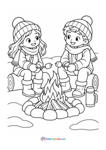 Friends roasting marshmallows by a firepit winter coloring page