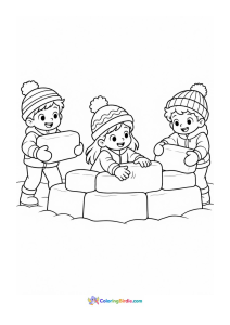 Kids building a snow fort winter coloring page