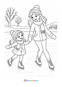 Mother and daughter ice skating winter coloring page