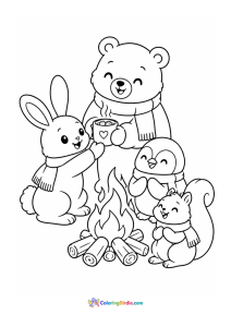 Animals around a bonfire winter coloring page