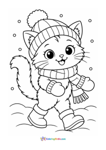 Cute cat walking in snow winter coloring page