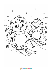 Cute penguins skiing winter coloring page