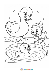 Duck family at an ice hole winter coloring page