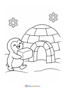 Penguin carrying a snow block to an igloo winter coloring page