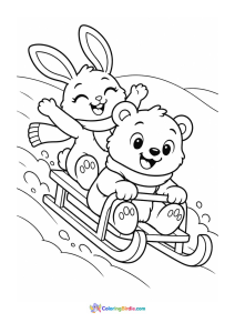 Rabbit and bear sledding down a hill winter coloring page