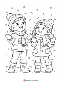 Children enjoying snowfall winter coloring page