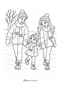 Family walking through snow winter coloring page