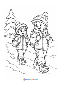 Friends hiking through snow winter coloring page