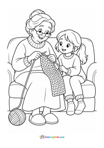 Grandma teaching child to knit winter coloring page