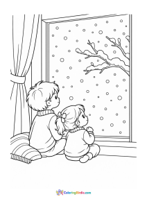 Kids watching snowfall through window winter coloring page