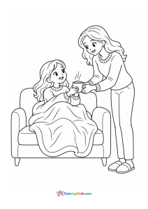 Mom serving hot chocolate to daughter winter coloring page