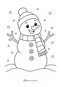 Snowman standing in snowfall winter coloring page